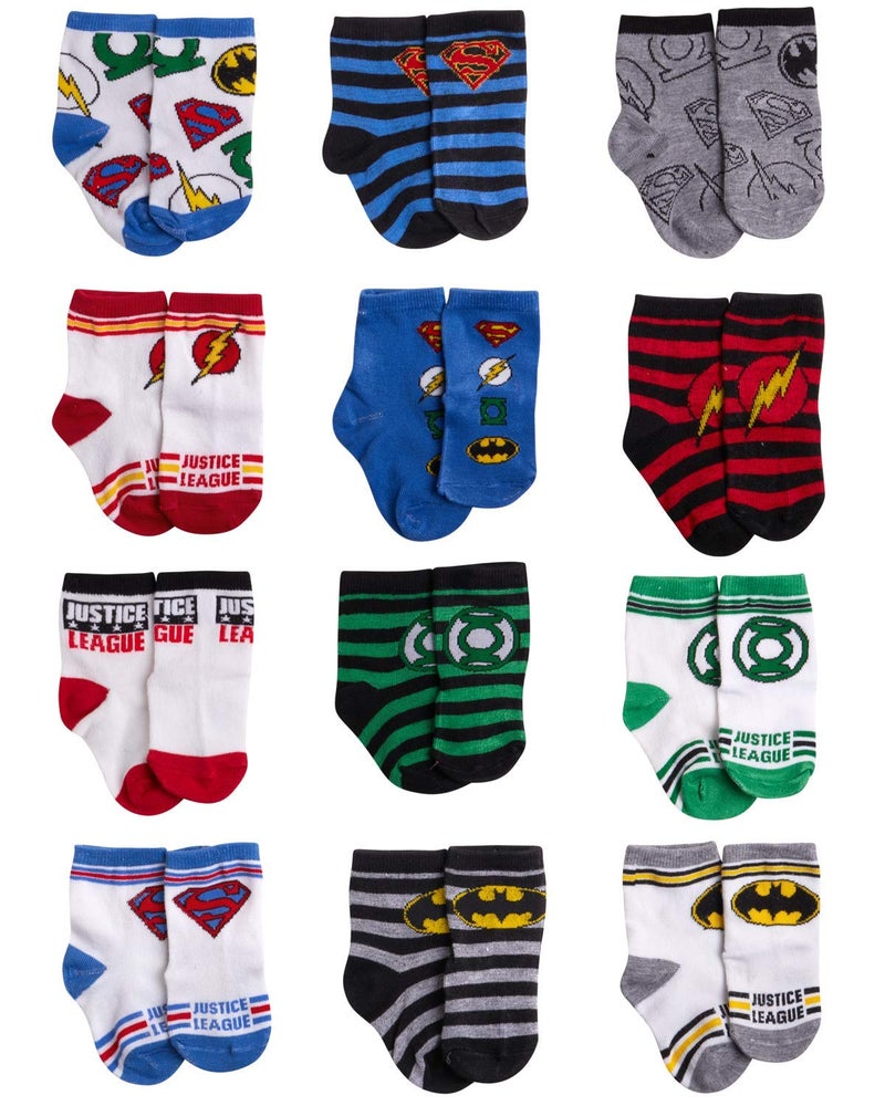 DC Comics Baby Boys/Girls 12 Pack Socks: Batman, Wonder Woman, Superman, Justice League, Super Girl, Size Age 0-6M, Green/Blue/Red Justice League - Image 1